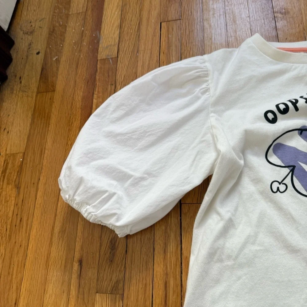 LOUD APPAREL Organic Cotton Girls White Puff Sleeve “Oopsie Daisy” Dress Size 14